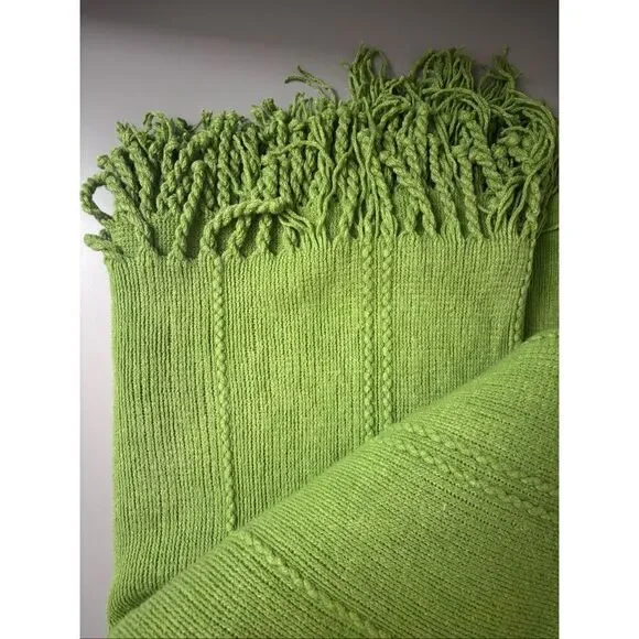 Pottery Barn knit throw blanket green fringe tassel - Picture 5 of 7